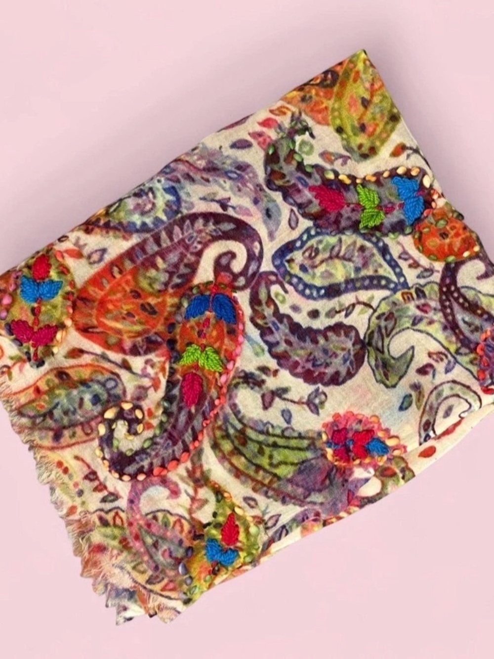 Tolani 100% Wool Paisley Embroidered Boho Scarf Wrap Multicolor Fringe